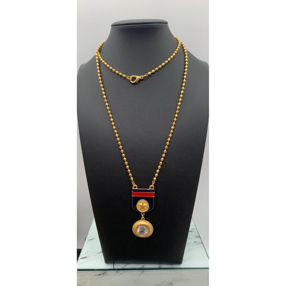Vintage Premier Designs Goldtone Necklace With‎ Navy/Red Badge Pendant - Marked
